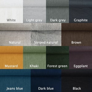 Op de afbeelding: Een kleurstaal met 12 verschillende linnen kleuren, waaronder wit, lichtgrijs, donkergrijs, grafiet, naturel, gestreept naturel, bruin, mosterd, kaki, bosgroen, aubergine, jeansblauw, donkerblauw en zwart.