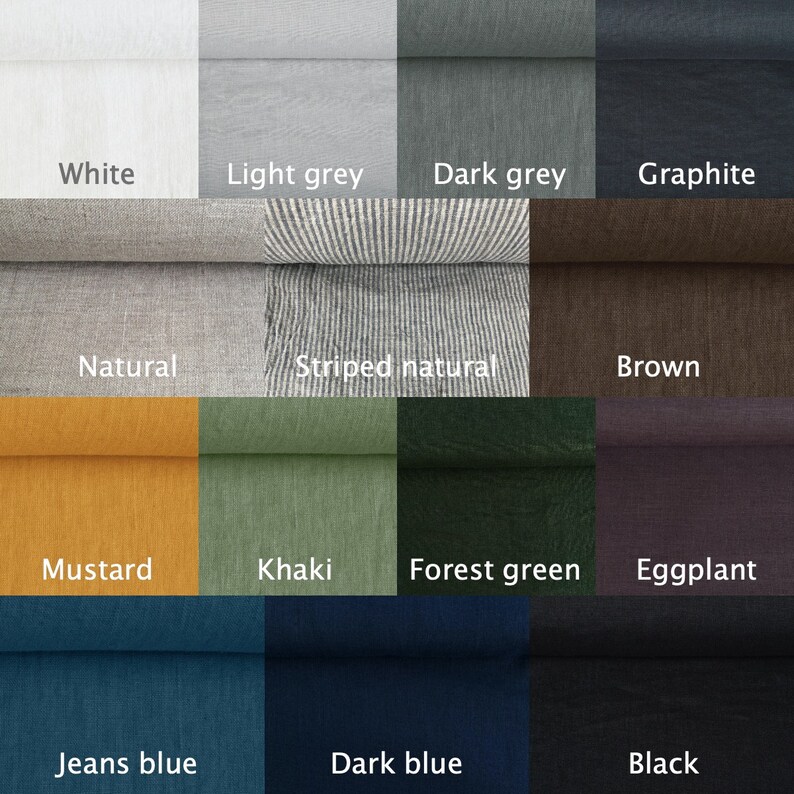 Op de afbeelding: Een kleurstaal met 12 verschillende linnen kleuren, waaronder wit, lichtgrijs, donkergrijs, grafiet, naturel, gestreept naturel, bruin, mosterd, kaki, bosgroen, aubergine, jeansblauw, donkerblauw en zwart.