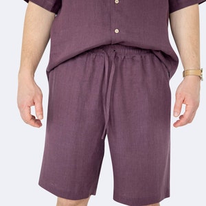 Front view showing details of mens eggplant color linen shirt and shorts set