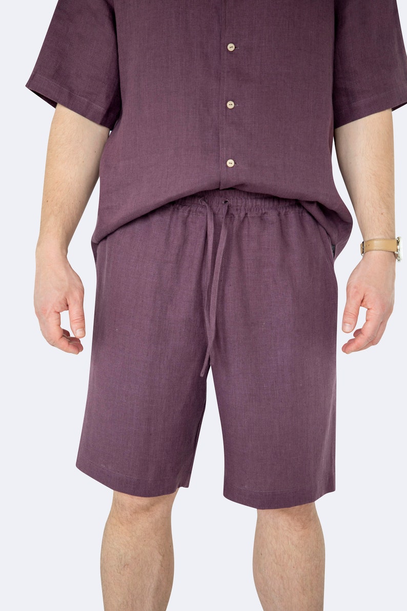 Front view showing details of mens eggplant color linen shirt and shorts set
