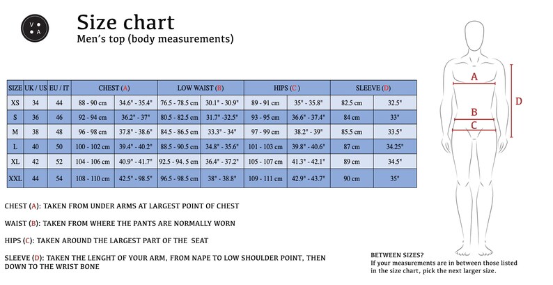 Size chart for the white linen polo shirt, available in sizes ranging from small to XXL