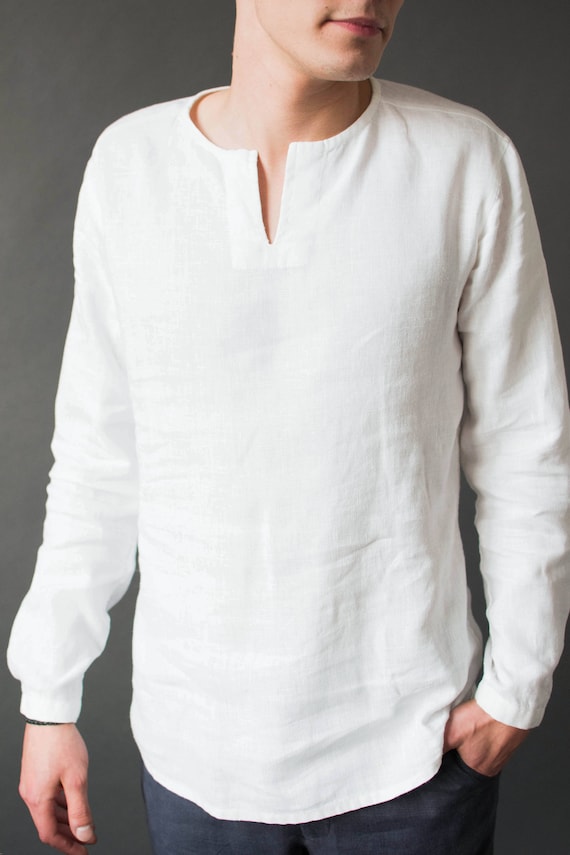 Men's Linen Open V-Neck Long Sleeve Tunic Shirt - White