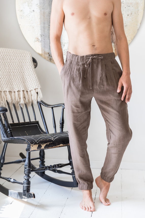 Flat Front Linen Mens Trousers Mustard  Oliver Brown London