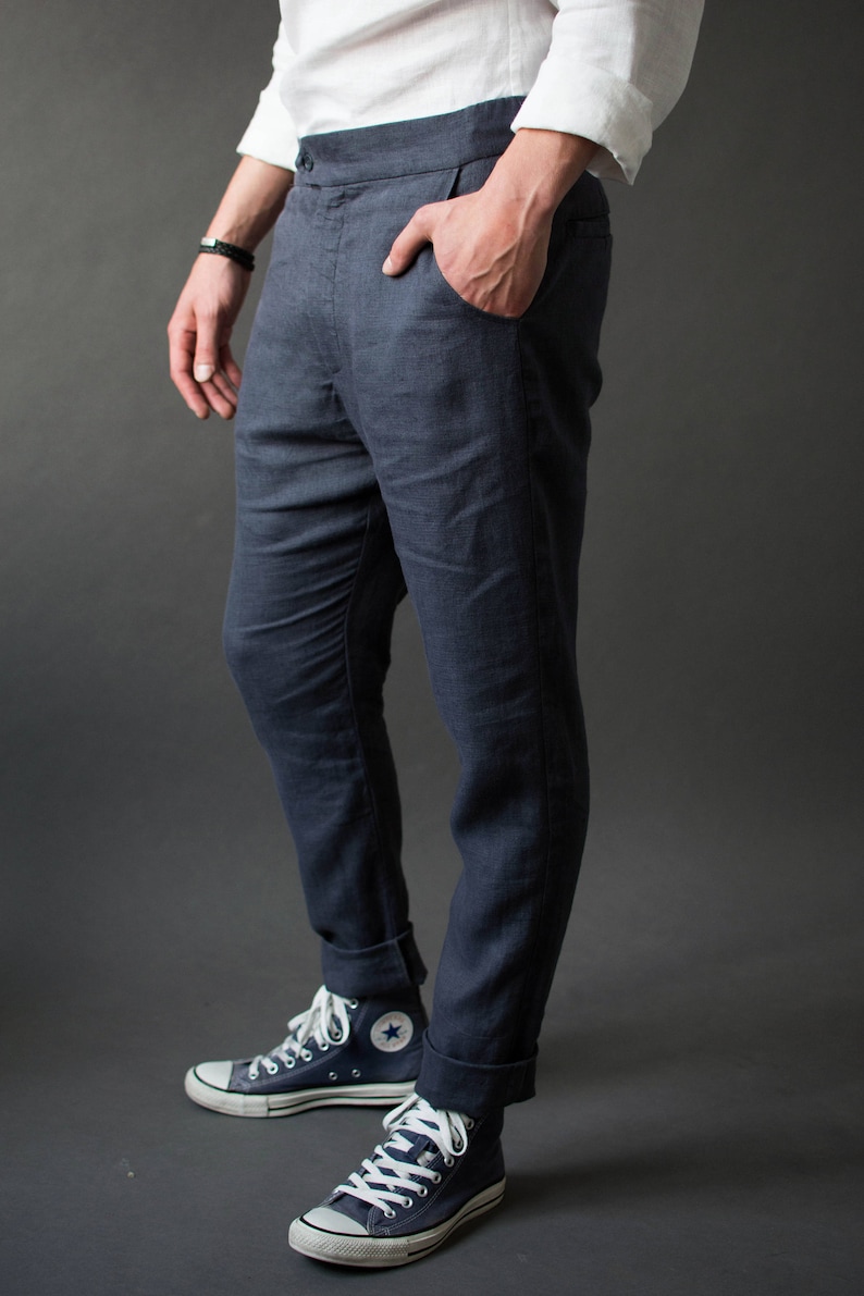 Close-up of side pockets on classic linen pants for men