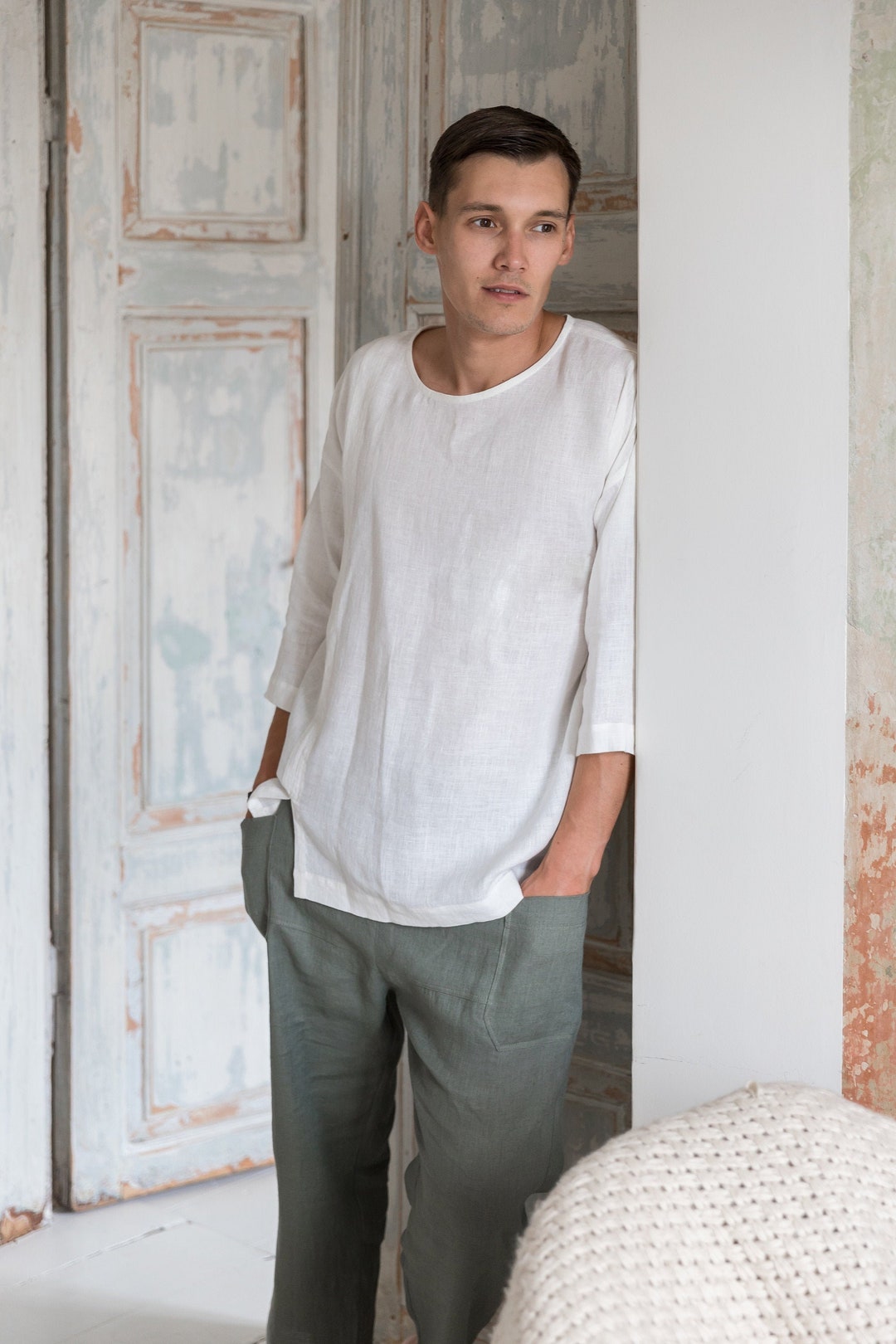 シャツ Look Biowashing Oversized Fit Cooling Linen Shirt(5 COLOR) Breeze Linen Shirt – Loose Fit White Linen Top for Men