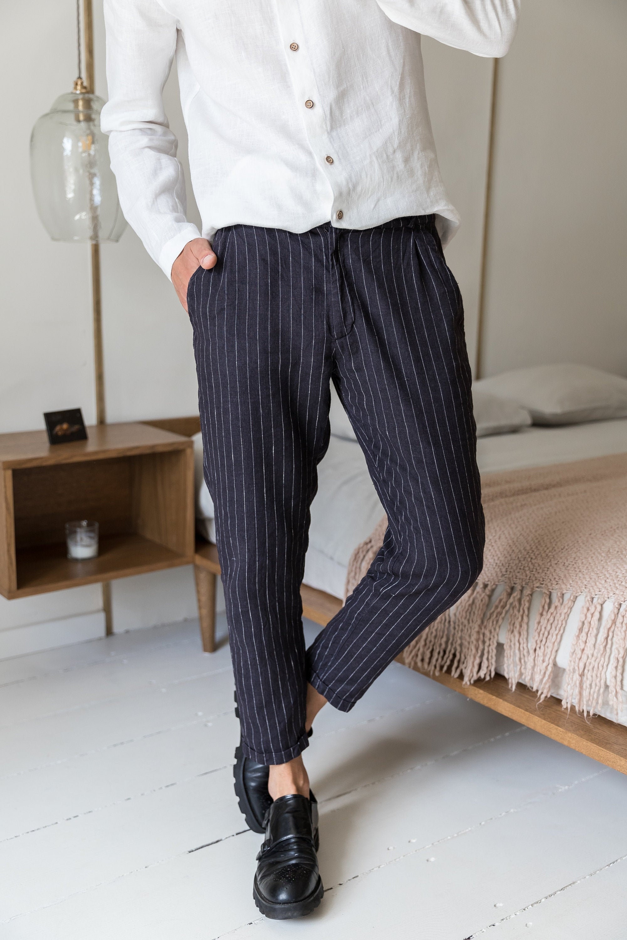 Linen Capri Pants: Cropped Linen Pants Men Tapered Casual Trousers