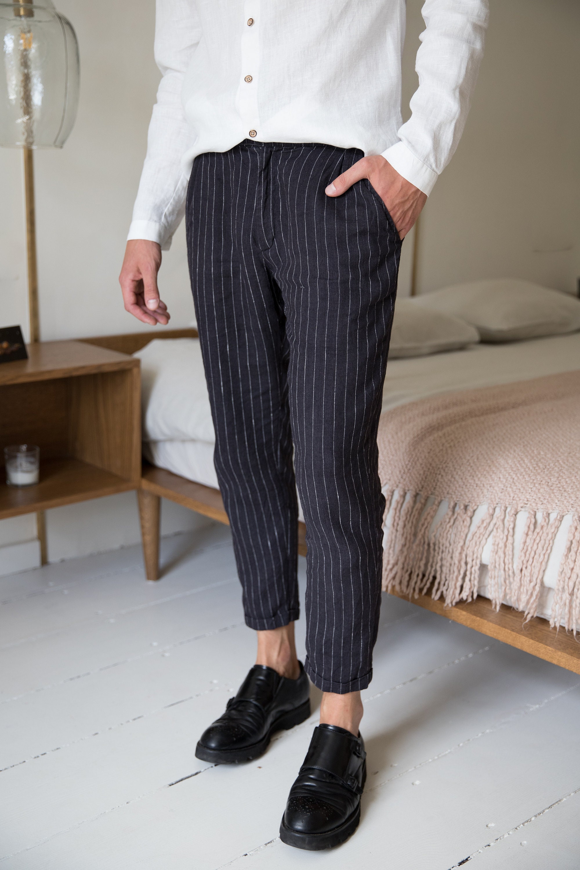 Mens Linen Pants Capri Pants Cropped Linen Trousers Etsy