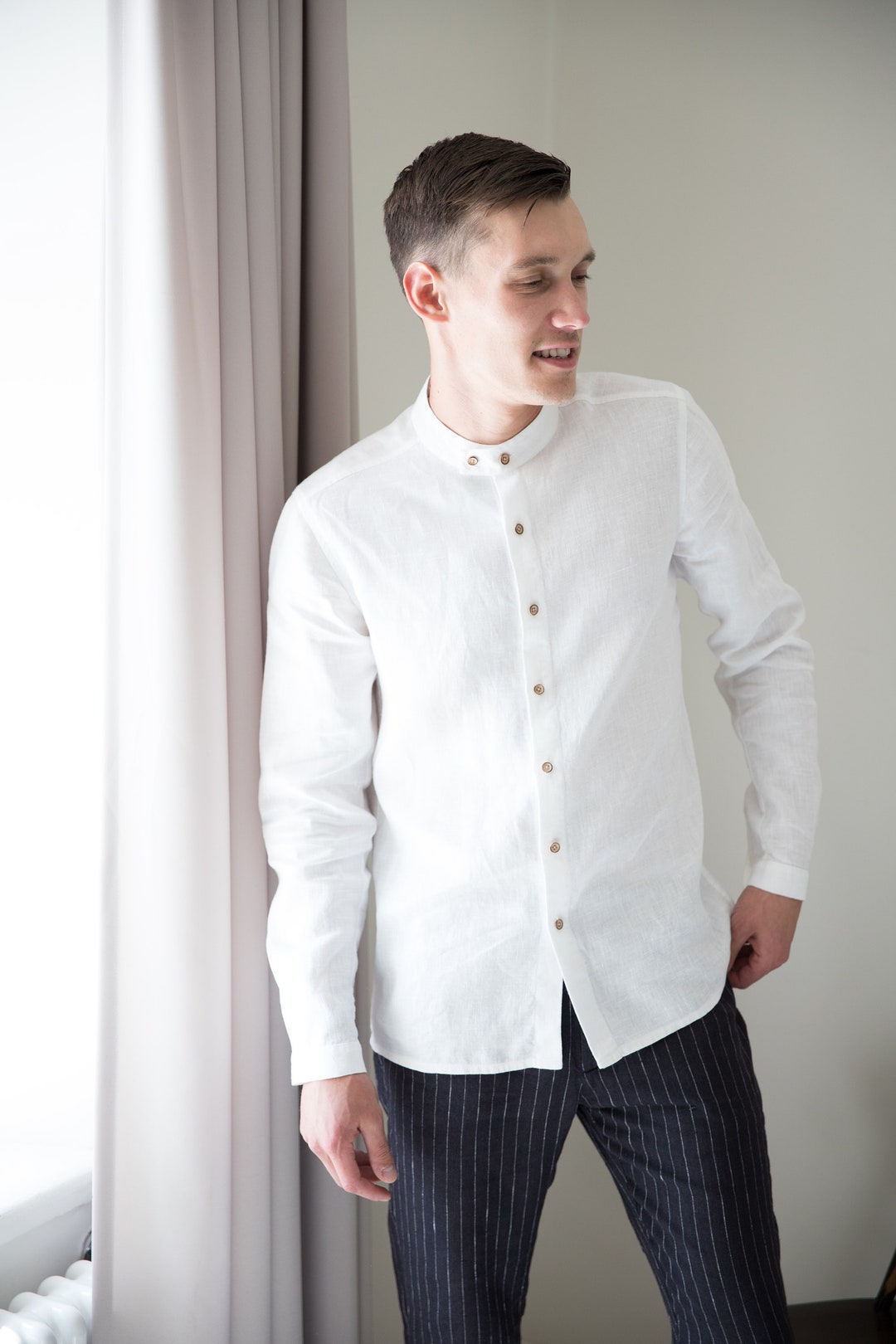 Suave Style: Band Collar Shirt, White Dress Shirt, Beach Wedding Attire for  Groomsmen, Linen Clothing for Men -  Canada