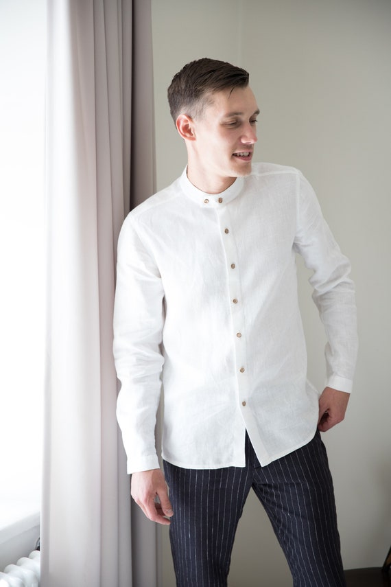 Suave Style: Band Collar Shirt White Dress Shirt Beach - Etsy