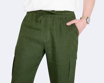 Linen Cargo Joggers for Men - Relaxed Fit Green Linen Pants - Elastic Waist Drawstring Summer Trousers - Casual Travel Wear