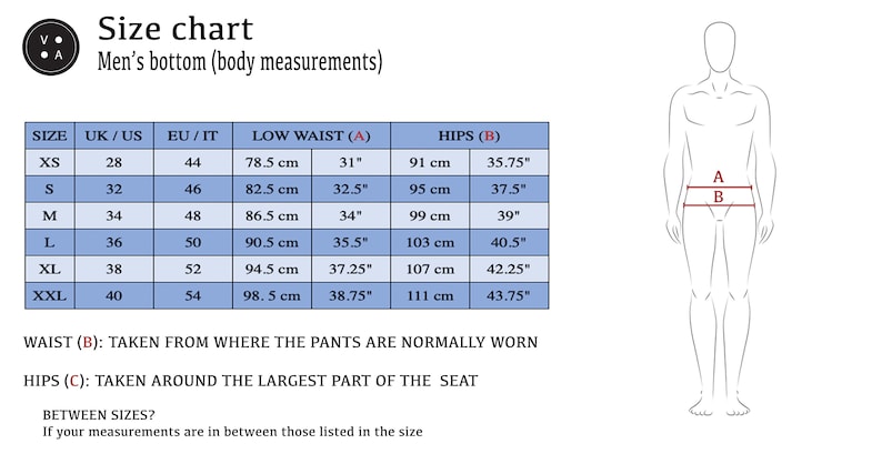 Size chart for mens classic linen pants