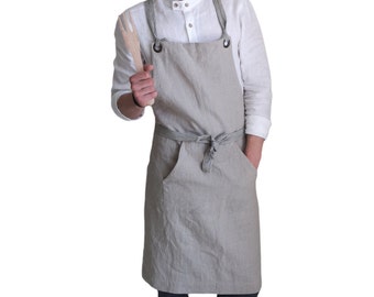 Men's linen apron - Cross back kitchen apron - Full linen apron - Chef apron for men - Christmas gift for men