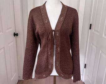 Vtg Y2K Open Knit Metallic Cardigan Sweater Top Rhinestones Sz L Long Sleeve