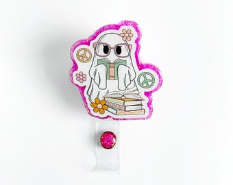 Retro Book Ghostie Badge Reel - Custom, L&D Nurse, Hippie, Medical, Reading, Book club, Emergency, Critical Care, ED RN, booktok, glasses