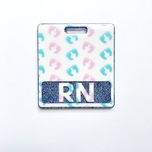 Pink & Blue Baby Feet Badge Buddy Name, Pronoun Tag, NICU Badge Reel, Baby Bottle Badge Reel, Labor and Delivery Badge Reel, PICU Badge image 2