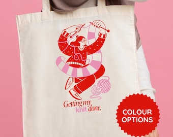 Jute bag / cotton bag for knitters and knitting enthusiasts / knitting gift / tote bag with humorous slogan and illustration