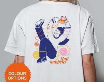 Cotton shirt with knitting illustration – Knit happens print – Gift idea for knitters – Funny knitting shirt with slogan