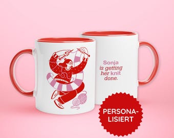 Customizable ceramic mug with knitting motif – gift idea for knitters – white ceramic with colorful interior and handle