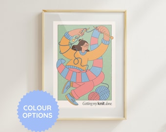 Art print – knitting poster – gift for knitting lovers – funny illustration – matte paper – print – “Getting my knit done”