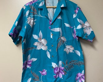 vintage Barefoot in Paradise chemise hawaïenne boutonnée à grandes fleurs bleu violet tropical