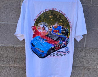 Vintage Y2K DC Comics Justice League AOP Racing T-Shirt XL White 2004 Large New