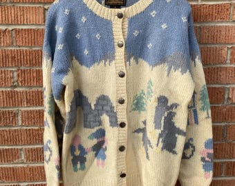 1990 Eddie Bauer Winter 100% Wool Knit Cardigan Sweater Penguins Medium Vintage