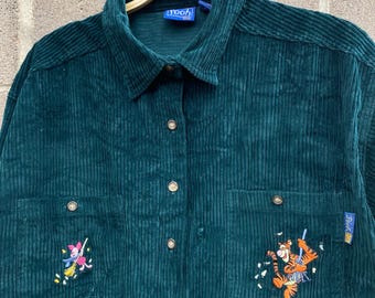 Vintage 90s DISNEY Winnie The Pooh Piglet Tigger Green Corduroy Shirt Large