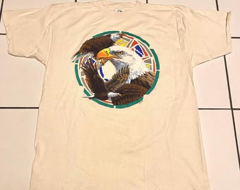 Camisa vintage de los años 90 con diseño de águila calva, diseño nativo americano, talla XL, puntada simple