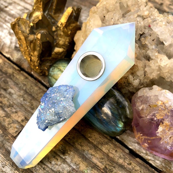 Large Glass Pipe, Opal Pipe, Agate Pipe, Crystal Pipe, Gemstone Pipe, Gift for her, Blue Pipe, Witchy Gifts, Stone Pipe, Druzy Pipe