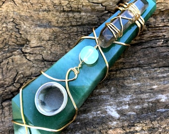 Aventurine Pipe, Wired Wrapped, Crystal Pipe, Smoky Quartz, Chakra Healing, Witchy Gift, Stone Pipe, Crystal and Stones, Quartz Pipe, Pipes