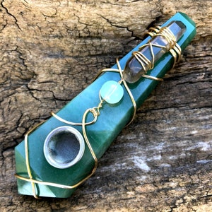 Aventurine Pipe, Wired Wrapped, Crystal Pipe, Smoky Quartz, Chakra Healing, Witchy Gift, Stone Pipe, Crystal and Stones, Quartz Pipe, Pipes