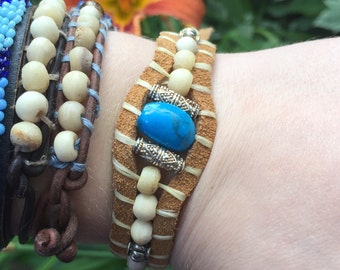 Boho-style Leather Wrap Turquoise Beaded Bracelet W/ Free