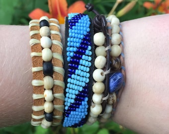 Boho-Style Leather Wrap Beaded Bracelet w/ free drawstring pouch! Beachy Summer Bracelet, Leather Wrapped bracelet, hippie bracelets