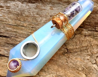 Opalite Pipe, Amethyst Pipe, Crystal Pipe, Opal Pipe, Amethyst Crystal Pipe, Amethyst and Opal, Lavender Terrarium, Pretty Pipe, Girly Pipe