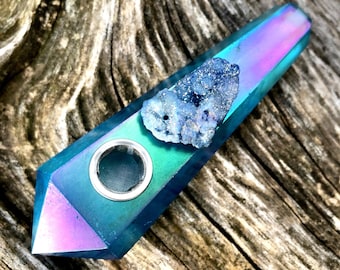 Quartz Crystal Pipe, Aqua Aura Crystal, Agate Pipe, Gemstone Pipe, Gift for Her, Blue Pipe, Witchy Gifts, Stone Pipe, Druzy Pipe, Gifts
