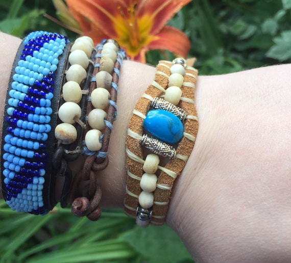 Boho-style Leather Wrap Turquoise Beaded Bracelet W/ Free  display picture 1