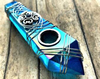 Pretty Pipe, Aqua Aura Crystal, Smoke Bowl, Crystal Pipes, Gift for her, Cute Pipes, Festival Accessories, Custom Pipes, Crystal Gifts, Pipe