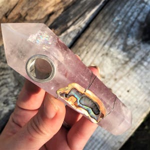 Light Amethyst Crystal Pipe, Abalone Natural Crystal Smoking Pipe, Custom Pipe, Girly Pipe, Quartz Pipe, Hippie Pipes, Healing Crystal, Gift image 7