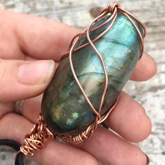 Labradorite Crystal Necklace Chakra Healing Pendant Mother\u2019s Day Gift Idea Brass Wire Wrapped Necklace