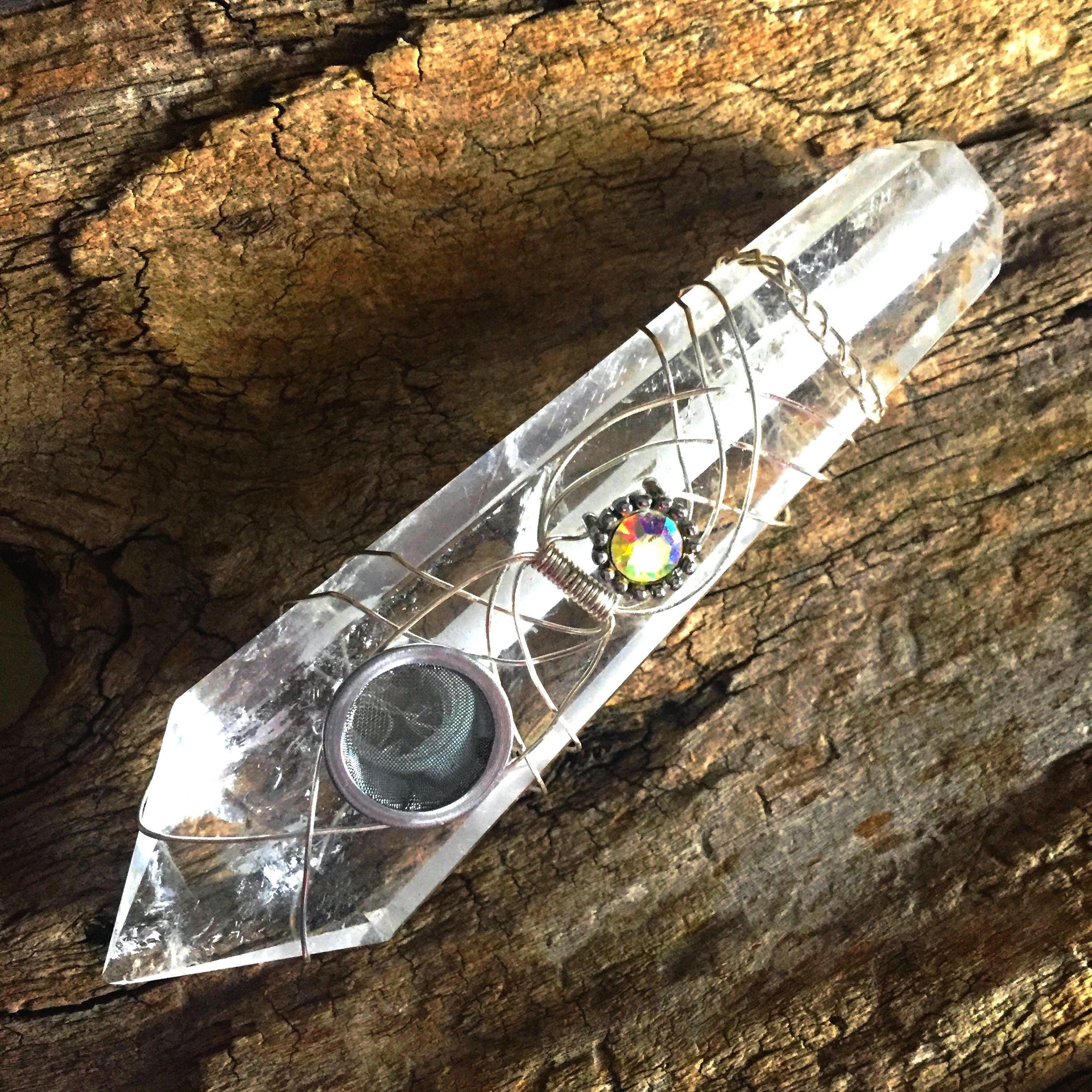 Clear Quartz Pipe, Custom Crystal Pipe, Rainbow Aura, Natural Crystal Pipe, Master Healer, Aura Crystal, Wire Wrapped Crystal, Custom Pipe