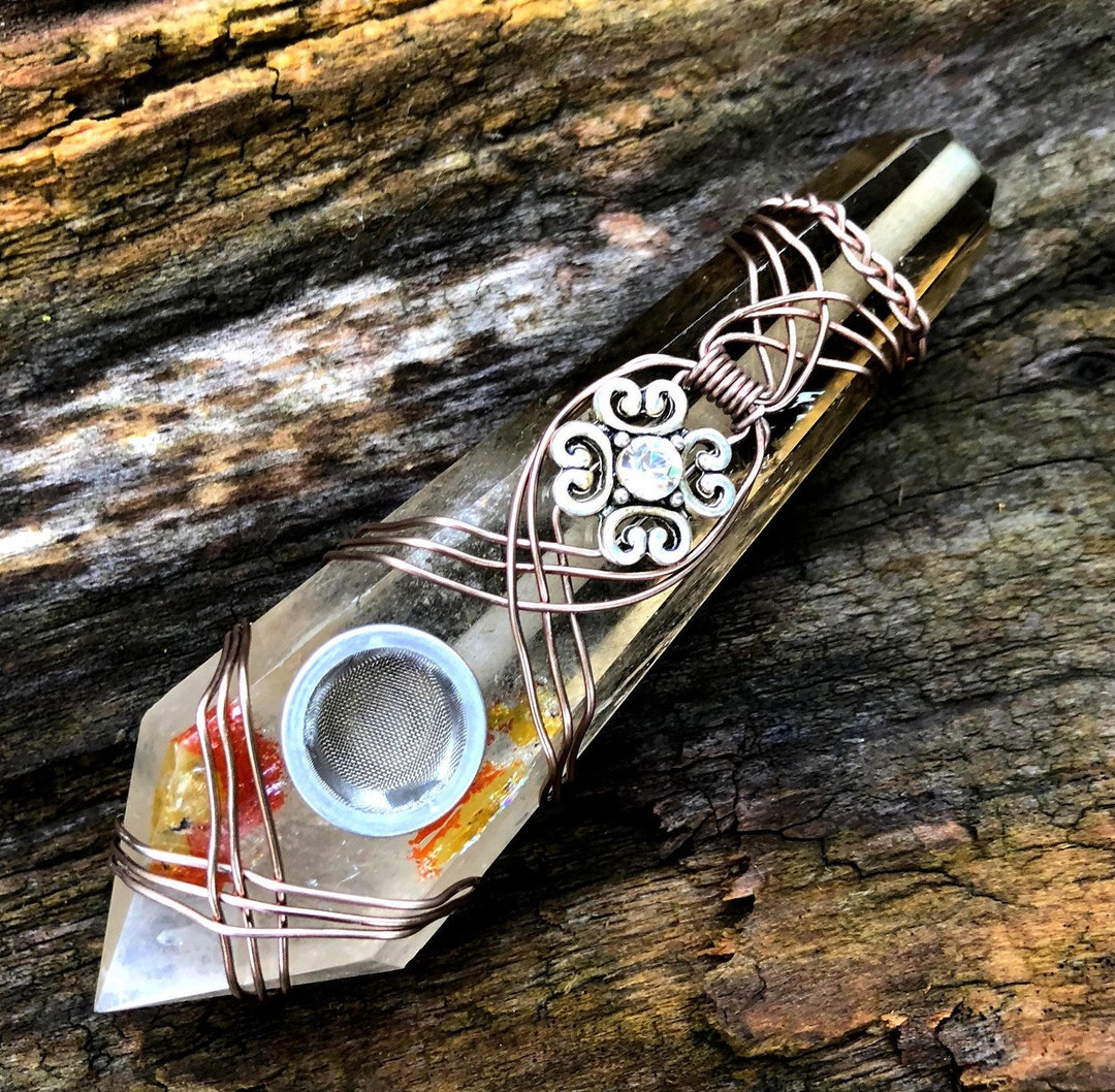 Smoky Quartz Pipe, Crystal Pipe, Custom Pipe, Wire Wrapped Crystal, Gemstone Pipe, Glass Smoking
