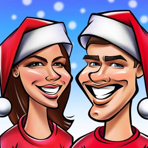 Caricatura di Natale per 2 persone. Caricatura personalizzata. Regalo di Natale. Cartolina di Auguri di Natale. Ritratto del cartone animato di Natale.