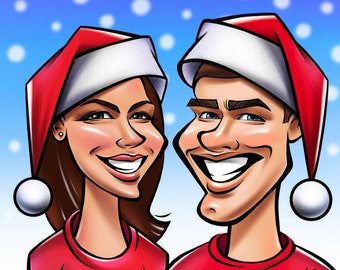 Julkarikatyr för 2 personer. Anpassad karikatyr. Julklapp. Julhälsningskort. Jultecknat porträtt.