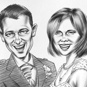 Caricatura per coppia. Caricatura a matita per due persone. Caricatura di coppia. Biglietto di auguri di San Valentino. Ritratto del cartone animato di San Valentino.