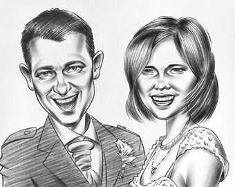 Caricatura para pareja. Caricatura a lápiz para dos personas. Caricatura de pareja. Tarjeta de felicitación del Día de San Valentín. Retrato de dibujos animados del Día de San Valentín.