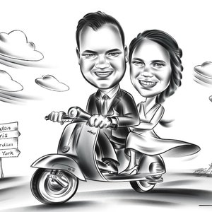 Couple caricature riding on a bike. Black&White digital caricature for 2 person.