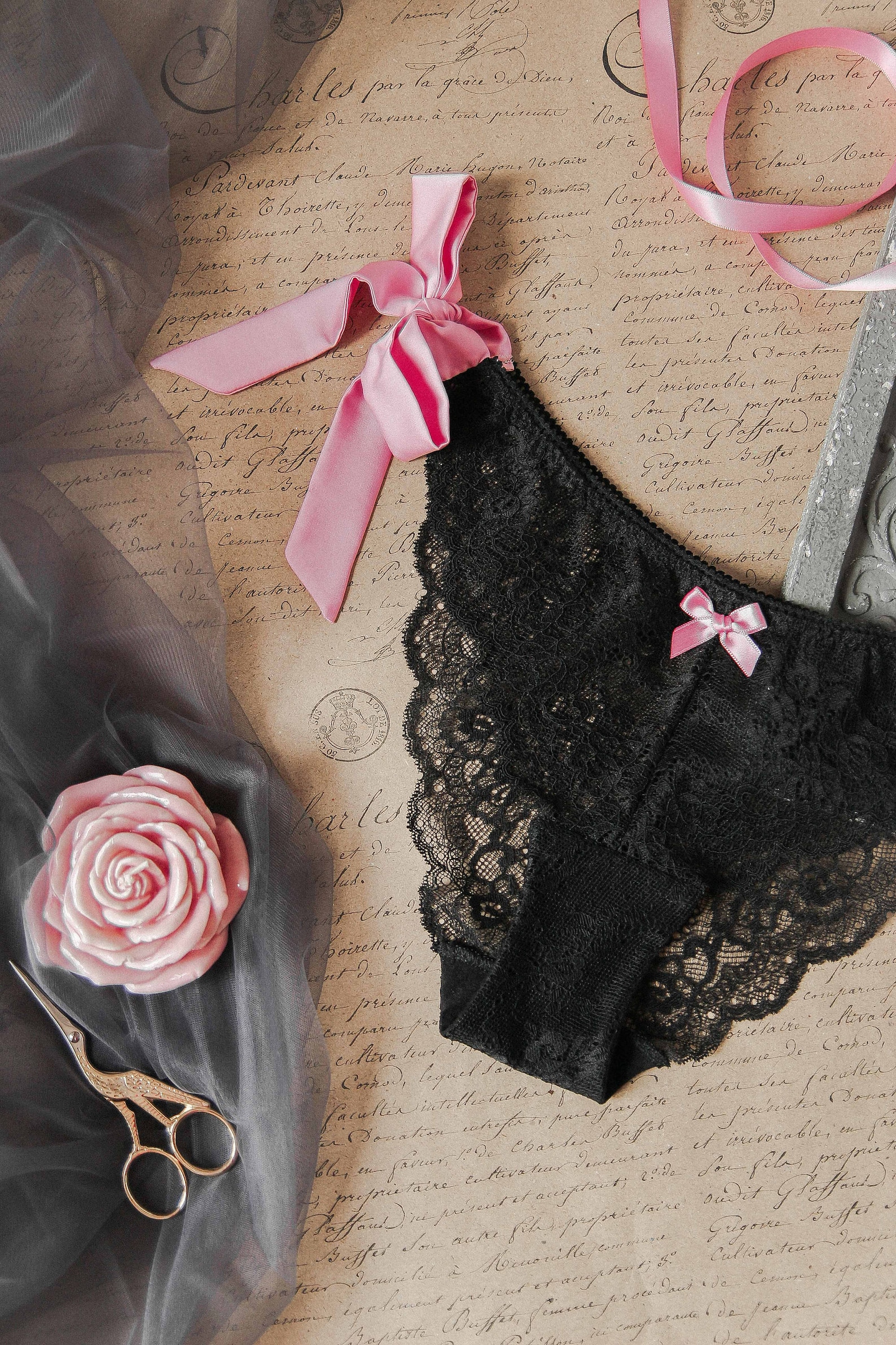 Black lace tie side panties with pink satin bows Etsy