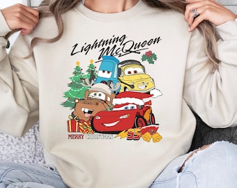 Lightning McQueen Tow Mater Christmas Sweatshirt, Vintage Cars Christmas Shirt, ,Cars Merry Christmas 2024 Shirt, Family Christmas Hoodie