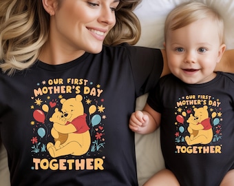Winnie The Pooh First Mothers Day Tshirt, Mommy And Me Matching Shirt, Baby Bodysuit New Mom Gift, Infant Outfit Disney Bear Mom Baby Set