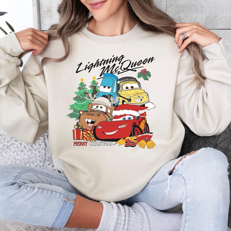 Lightning McQueen Tow Mater Christmas Sweatshirt, Vintage Cars Christmas Shirt, ,Cars Merry Christmas 2024 Shirt, Family Christmas Hoodie image 1